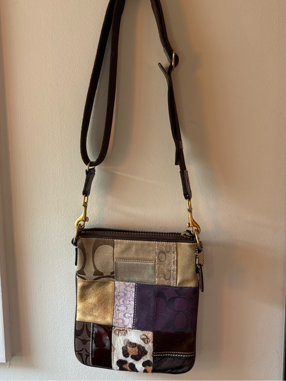 Coach Patchwork Crossbody Bag in Brown, Gold, Purple, Cream